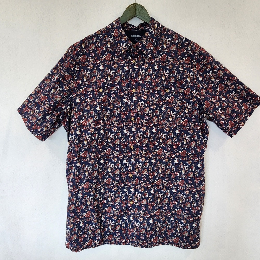 KingSize Mens XL Tall Skull Print Short Sleeve Button Down Shirt Navy‎ Red 92913